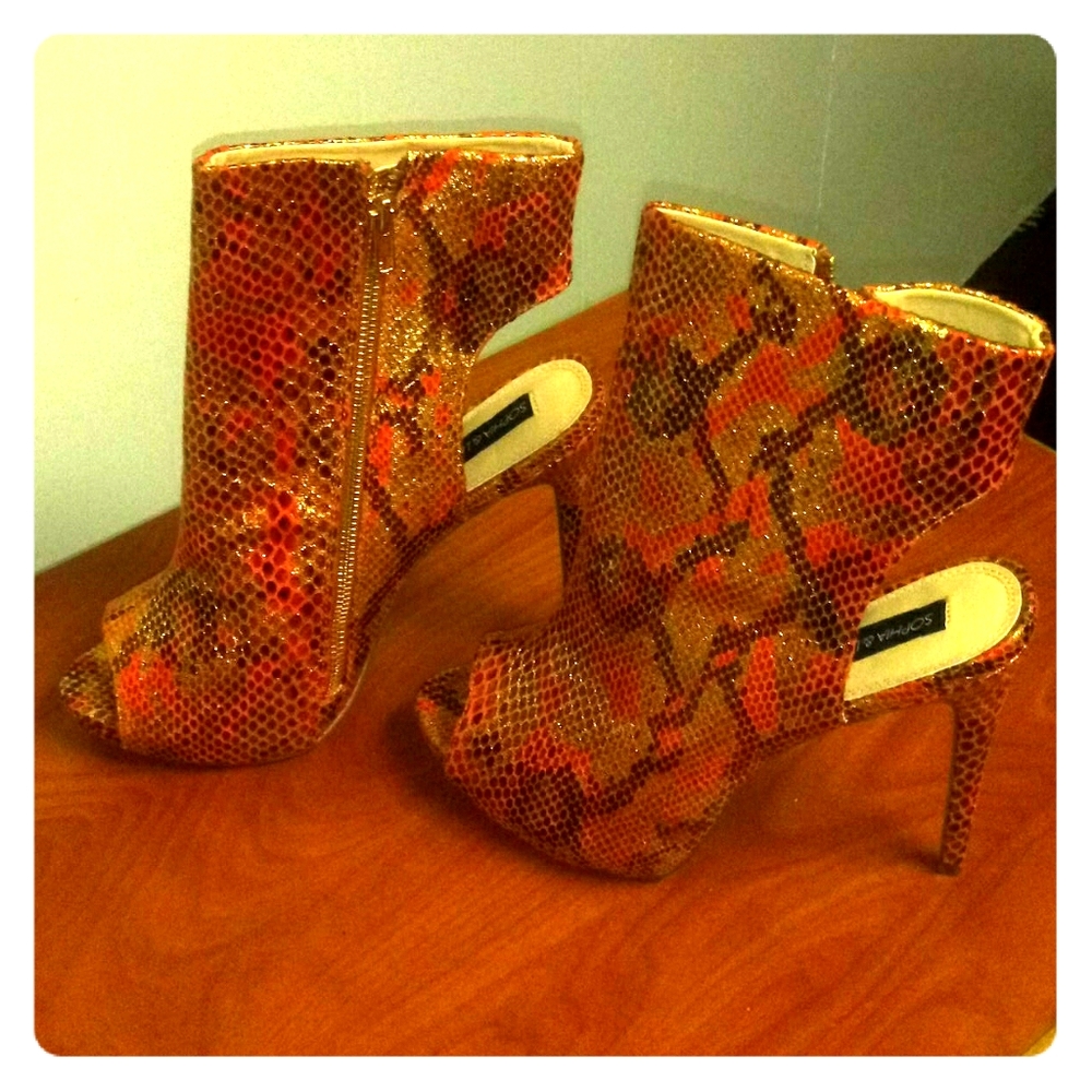 Snake Skin Booties with Orange and Gold Print
